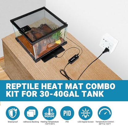 Reptile Heat Pad with Dimming Thermostat, 8" X 12" 16W Heating Pad Combo Set for 30-40 Gallon Reptile Tank, Under Tank Heater for Reptiles, Turtle, Snake, Lizard, Hermit Crab, Frogs, Seed - size: 16W