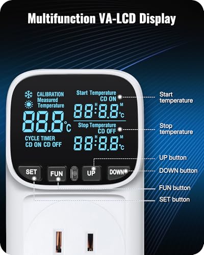Digital Temperature Controller Outlet, 15A/1800W Heavy Duty Thermostat Plug, VA LCD Display, Heating/Cooling Control, -40°F~210°F, 4 Timer Modes, for Greenhouse Incubator Homebrew W01TC06 - color: White-6.6ft