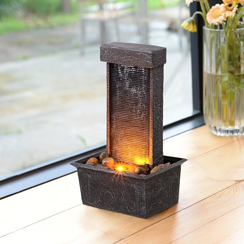 Straight Panel Tabletop Water Fountain LED-Lit – Indoor/Outdoor Decorative Waterfall Feature with Soothing Lights & Flowing Water for Home, Office, or Garden Décor