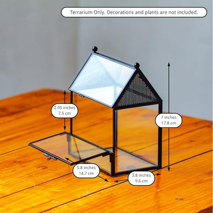 NCYP Small Glass Enclosure with Mesh for Jumping Spiders - 5.8" x 3.8" x 7" Micro House Shaped Small Spiders Vented Glass Terrarium, Home Decor Black (Glass Terrarium Only) - size: 5.8" x 3.8" x 7"