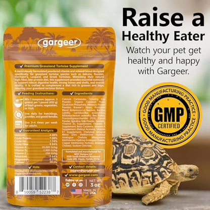 Gargeer 3oz Grassland Tortoise Multivitamins & Minerals Powder. Made in USA | High-fiber multivitamin & mineral topper! Timothy hay powder, probiotics & calcium support grassland tortoise digestion