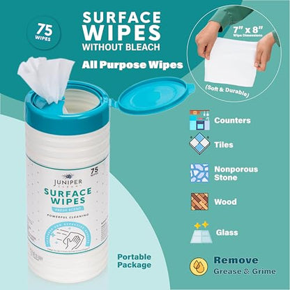 Juniper CLEAN 1 Pack Surface Cleaning Wipes Bleach Free, All-Purpose Cleaner for Bathroom, Kitchen, Office, 75 Count Canister, 7.5" x 7" Sheet, Fresh Scent, Lint Free & Durable - size: 75 Count (Pack of 1)