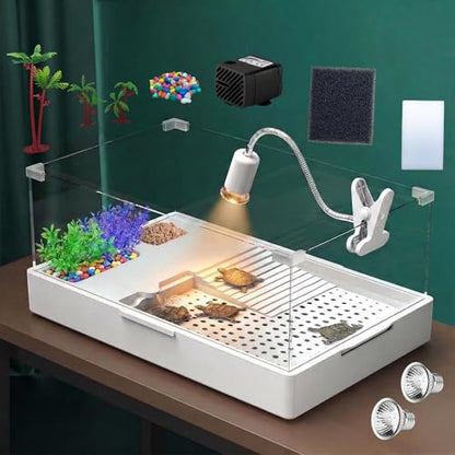 Large Turtle Tank Kit with Light and Water Pump | 23.6 Inch Clear Acrylic Starter Habitat with Basking Platform for Baby Turtles and Small Reptiles - size: Large Complete Kit
