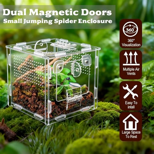 Jumping Spider Enclosure, Small Reptile Terrarium for Tarantula Hermit Crab Praying Mantis, Acrylic Insect Habitat with Magnetic Front & Top Opening (4.52" x 4.52" x 4.52") - size: Small Szie