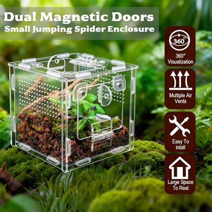 Jumping Spider Enclosure, Small Reptile Terrarium for Tarantula Hermit Crab Praying Mantis, Acrylic Insect Habitat with Magnetic Front & Top Opening (4.52" x 4.52" x 4.52") - size: Small Szie