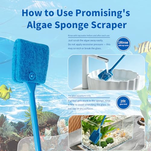 Promising Aquarium Cleaning Brush, Double Sided Sponge Fish Tank Scrubber | Non-Slip Handle Algae Cleaner Tool with 3 Replacement Pads for Aquariums and Fish Tanks, Easy Aquarium Maintenance