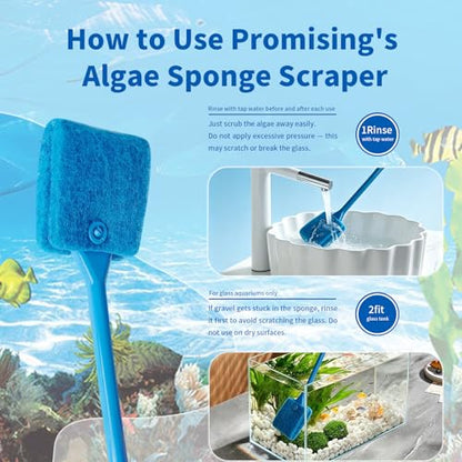 Promising Aquarium Cleaning Brush, Double Sided Sponge Fish Tank Scrubber | Non-Slip Handle Algae Cleaner Tool with 3 Replacement Pads for Aquariums and Fish Tanks, Easy Aquarium Maintenance