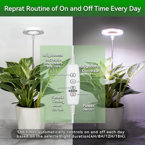 Grow Light for Indoor Plants, Full Spectrum 48LEDs Small Grow Light, Plant Light Super Bright with 4/8/12/18H Auto Timer, Dimmable, Adjustable Height 7"-17", Halo Φ3.5, Power Cord 78", Plug Included - size: 1-Pack