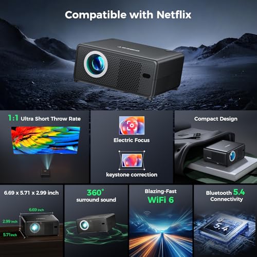 Mini Projector with WiFi and Bluetooth, Short Throw Full HD 1080P | Smart Projector Compatible with Netflix/YouTube/PrimeVideo, Electric Focus & Keystone, Portable Movie/Outdoor/Indoor Use - color: Black