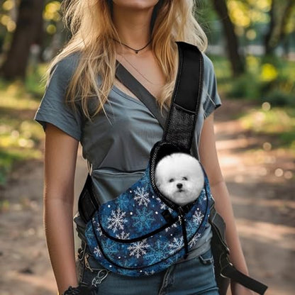 COEQINE Dog Sling Carrier for Small Dogs and Cats Large Capacity Crossbody Purse Blue Christmas Snowflak Print Sling Handbag with Zipper and Adjustable Shoulder Strap - color: Blue Xmas Snowflake