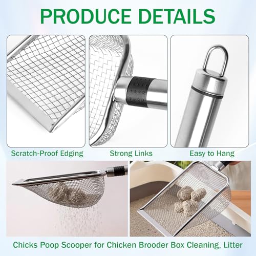 Chicken Poop Scooper for Coop, Coop Rake Scooper Shovel, 2 Pack | 3.8mm & 5mm Mesh, Equipped with Gloves and Garbage Bags, for Sifting Sand, Litte, Stainless Steel