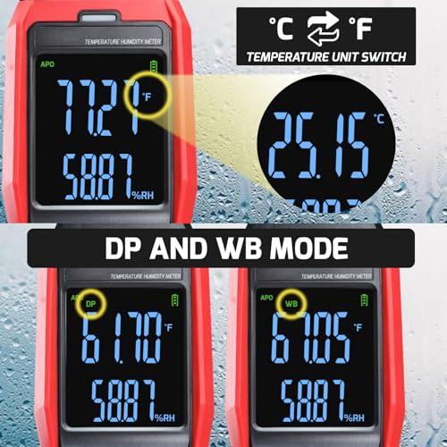 Humidity and Temperature Meter Data Logger Digital Psychrometer HVAC, Wet Bulb Thermometer Record 4000pcs Data and Export, Large LCD Humidity Tester Dew Point Meter with Indicator and Buzzer Alarm