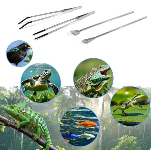 4 Pcs Reptile Feeding Tools Set with Silicone Tips - Extra Long Straight & Curved Tongs, Spoons - Stainless Steel Terrarium Feeder Kit for Bearded Dragons, Lizards, Snakes, Spiders, Aquarium