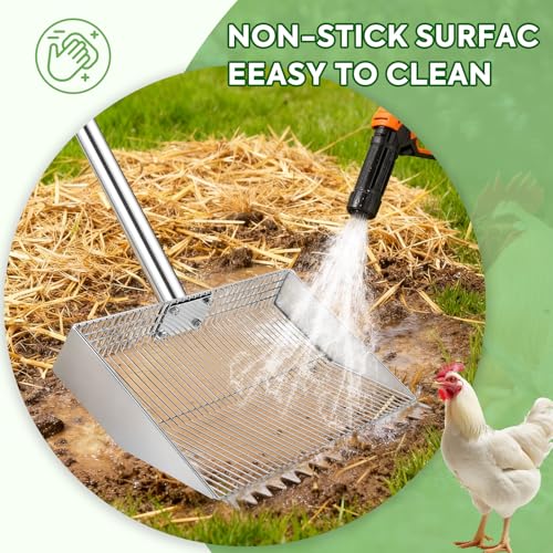 Chicken Poop Scooper Rake: Scooper with 75.6in Long Handle | 15in Wide Sifter-Adjustable Stainless Steel Rake-Non-Stick Metal-Easy to Clean-Ideal for Poultry Coop/Manure Cleaning