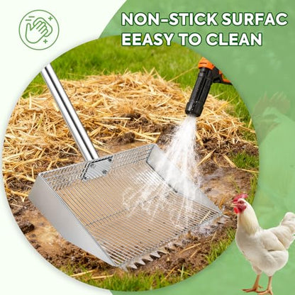 Chicken Poop Scooper Rake: Scooper with 75.6in Long Handle | 15in Wide Sifter-Adjustable Stainless Steel Rake-Non-Stick Metal-Easy to Clean-Ideal for Poultry Coop/Manure Cleaning
