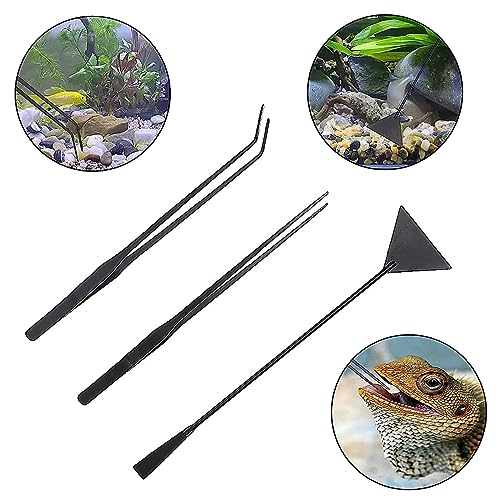 3Pcs Aquascaping Tools Kit, Long Stainless Steel Aquatic Plant Tweezers, Scrapers, Long Handle Feeder Tools for Fish Aquariums, Reptiles Snakes Lizard Gecko Spider and Bird (Black) - color: Black
