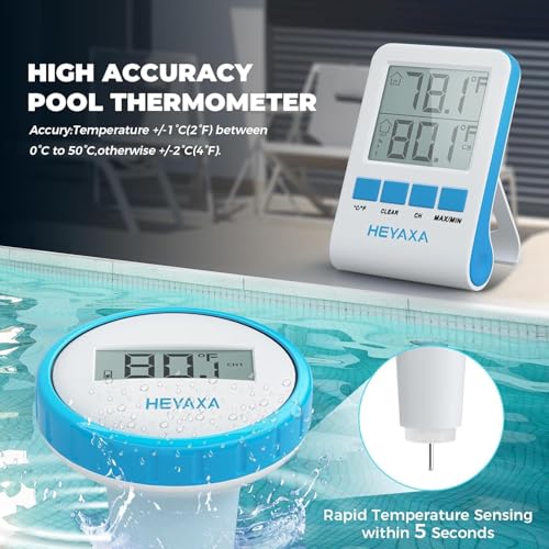HEYAXA Wireless Pool Thermometer, IPX8 Waterproof Floating Digital Pool Thermometer with Easy-to-Read Large Display, Wireless Water Temperature Monitor for Swimming Pool, Hot Tub, Spa, Pond & Aquarium