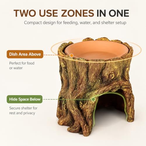 Reptile Hide Cave with Removable Top Dish, Resin Tree Stump Terrarium Decor, 2-in-1 Lizard Gecko Hideout Shelter and Feeding Bowl for Small Reptiles, 5.2 x 5.2 x 5.2 in