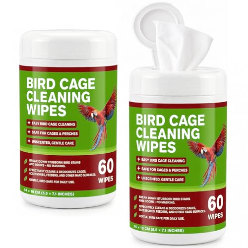 Bird Cage Cleaning Wipes, Unscented Bird Cage Cleaner Wipes for Parrot, Parakeet, Finch & Small Birds, Quick Spot Cleaning for Cages, Perches, Feeders & Trays, 2 Pack 120 Wipes