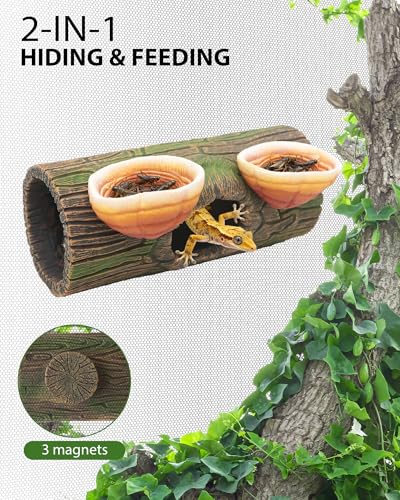 2 in 1 Magnetic Crested Gecko Hide, Reptile Hideout & Water Dish Food Bowl, Resin Hollow Log Cave, Reptile & Amphibian Habitat Hideouts