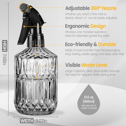 Plant Mister Spray Bottle, 13.5 oz Leak Proof Glass Spray Bottle for Inside Plants, Succulents, Herbs, Cleaning, Hair Care, Refillable Fine Mist Sprayer with Adjustable Mist Nozzle (Grey) - color: Grey