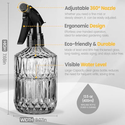Plant Mister Spray Bottle, 13.5 oz Leak Proof Glass Spray Bottle for Inside Plants, Succulents, Herbs, Cleaning, Hair Care, Refillable Fine Mist Sprayer with Adjustable Mist Nozzle (Grey) - color: Grey