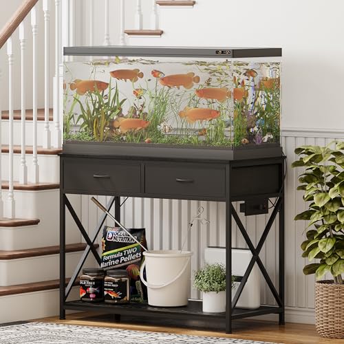 40-50 Gallon Fish Tank Stand，Aquarium Holder with Power Outlet and 2 Drawers，Heavy Duty Breeder Turtle Terrarium Stand Suitable for Turtle Tank, Reptile Terrarium, for Home Office (Black) | 40 Gallon Fish Tank Stand with Strudy Steel Frame,Heavy Duty Terr