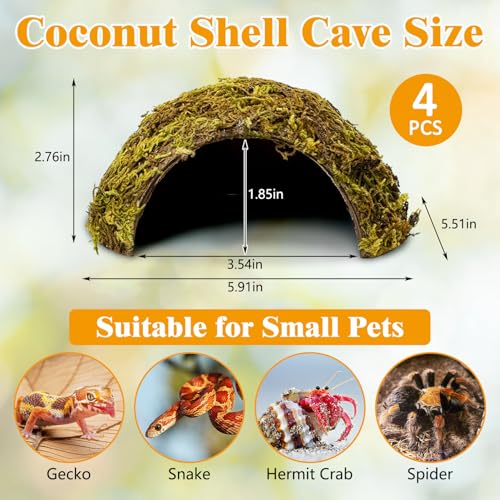 PINVNBY 4 Pack Natural Green Moss Hide Caves Coconut Reptile Hideouts Hamster Climbing Toys Gecko Habitat Decor Lizard Shell Shelter for Snake Tarantulas Turtle Chameleon - size: 4 PCS Moss Surface