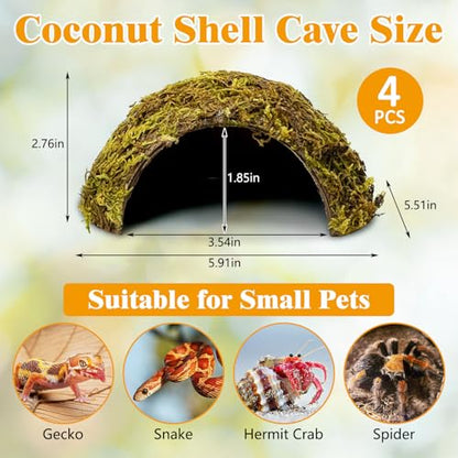 PINVNBY 4 Pack Natural Green Moss Hide Caves Coconut Reptile Hideouts Hamster Climbing Toys Gecko Habitat Decor Lizard Shell Shelter for Snake Tarantulas Turtle Chameleon - size: 4 PCS Moss Surface