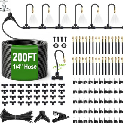 200 Ft 1/4 Inch Drip Irrigation System with 32 Copper Nozzles | Complete watering kit includes 32 adjustable copper sprayers, tubing, fittings, stakes, filters and quick-connect parts.