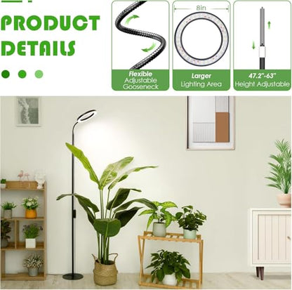 LBW Grow Light with Stand for Indoor Plants, 8" Halo Full Spectrum Grow Light, Adjustable Height up to 68", Auto Cycle Timer (4/8/12H), 6-Level Dimmable, Plant Light for Indoor Growing - size: 1 Head 8" Large Black