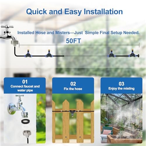 Pre-Assembled Misters for Outside Patio,Outdoor Misting System,50FT|15M. | Backyard Water Cooling Mist Kit for Garden,Greenhouse,Deck,Umbrella,Canopy,Pool,Porch.Trampoline Sprinkler,Party Accessories - size: 50FT-Pre