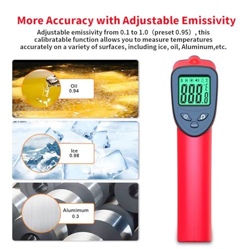 DEASOMIYE Infrared Thermometer Gun, -58℉～1022℉ Laser Thermometer Temperature Gun, Non Contact IR Temp Gun with Adjustable Emissivity for Cooking,BBQ,Fridge,Grill,Pizza Oven,HVAC,Engine(Not for Human) - color: Red
