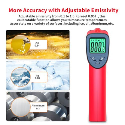 DEASOMIYE Infrared Thermometer Gun, -58℉～1022℉ Laser Thermometer Temperature Gun, Non Contact IR Temp Gun with Adjustable Emissivity for Cooking,BBQ,Fridge,Grill,Pizza Oven,HVAC,Engine(Not for Human) - color: Red