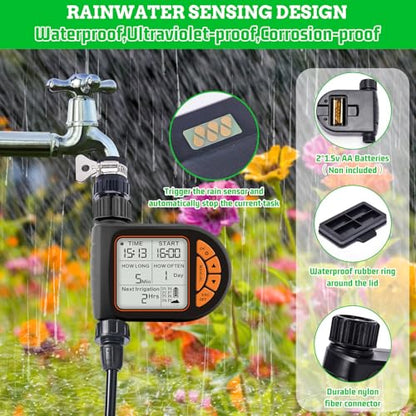 Automatic Drip Irrigation System Kit - 226FT with LCD Timer, 3 Sprayer Types Automatic Garden Watering System, 1/2 Inch Hose 1/4 Inch Distribution Tubing Garden Watering Solution for Outdoor Plants