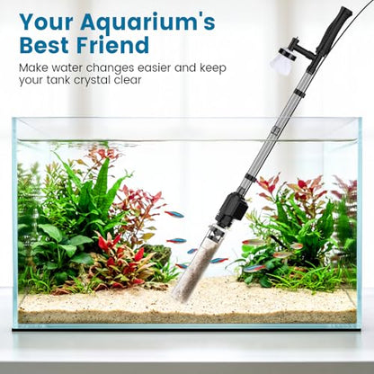 AQQA Aquarium Gravel Cleaner, 6-in-1 Electric Fish Tanks Gravel Vacuum | Anti-Clog Gravel Barrier, Sand Washer, Water Changer, Filter Bag, Adjustable Flow, 320GPH for 15+ Gallon Tanks