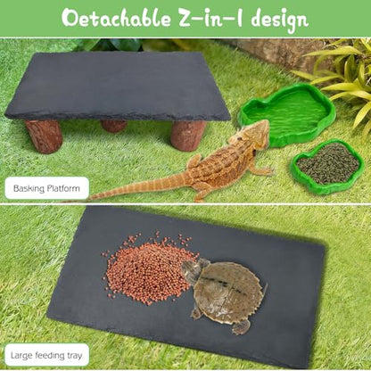 Bearded Dragon Basking Platform 3Pcs Reptile Basking Rocks with Wooden Pile Natural Lizard Hideout 2-in-1 Tortoise Tank Accessories for Leopard Geckos Ball Pythons Turtle (11.81×5.91inches) - size: Medium