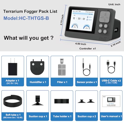 J&A Reptile Fogger, Terrarium Humidifier Mister with Temp & Humidity Probe | Reptile mister, Ideal for Reptiles/Amphibians/Paludarium/Vivarium (Grey & Black)