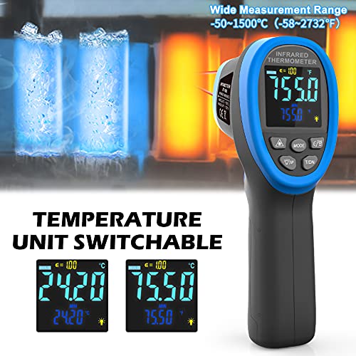 BT-1500C Pyrometer Non Contact Laser Infrared Thermometer Measures -58℉ to 2732℉ (-50℃ ~ 1500℃) High Temp, IR Temperature Gauge with Color LCD (NOT for Human Temp) - color: BT-1500C Blue