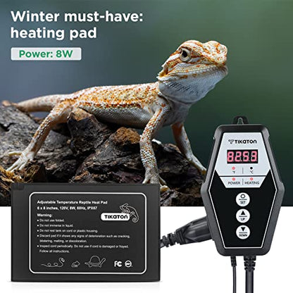 Tikaton Reptile Heating Pad and Digital Thermostat Combo Set, Under Tank Heater for 10-20gal/30-40gal Tank, Terrarium Heat Mat for Turtle/Snake/Lizard/Frog/Spider/Plant Box - size: 1 Pack-6" X 8"