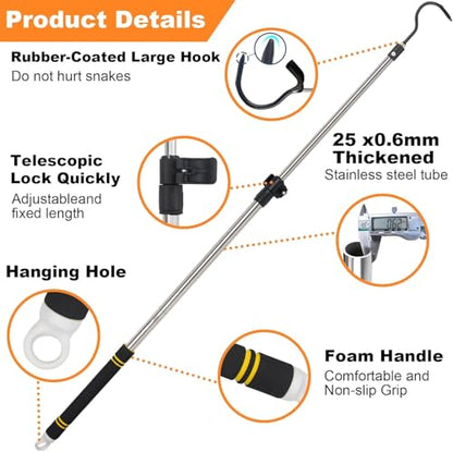 Snake Hooks, Stainless Steel Snake Hook Extendable Handled Desigh for Removling Large or Small Snakes and Reptiles Rattlesnakes Python Copperhead Stainless Steel Handle 35"-65" - size: 35-64inch