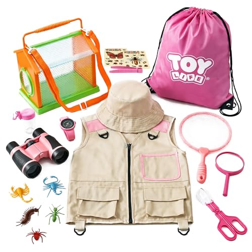 TOY Life Kids Explorer Kit with Bug Catcher for Kids, Bug Catching Kit with Bug Toys, Kid Safari Vest & Hat, Compass, Binoculars, Magnifying Glass, Educational Outdoor Toys Girls Kid Adventure Kit - color: 18 Pcs-pink