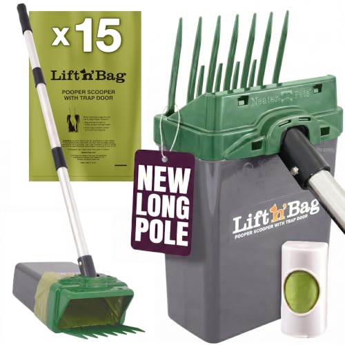 Neater Pet Brands Lift N’ Bag 2.0 Dog Pooper Scooper with Bag Attachment & 31" Pole for Small to Large Dogs, New Longer Pole, 15 Refill Bags, Heavy Duty Dog Poop Scooper for Yard, One-Hand Use - color: Green Scoop w/ Grey Bin, size: 15 Bags