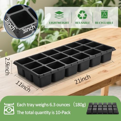 RooTrimmer 10 Pack 18 Cell Seed Starter Trays - 2.9 "Deep 3 Inch Big Cell Plastic Nursery Trays, 20" x 10", for 1020 Flat Trays Seed Germination, Planting Seedlings & Propagation - color: Black, size: 18 Cells-10P