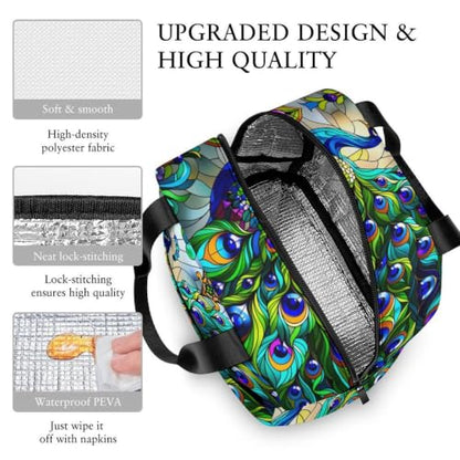 Stained Glass Green Peacocks Lunch Bag for Women Men | Insulated Lunch Box Leakproof Food Meal Containers Reusable Foldable 6L Capacity Lunch Tote Bags for Work Picnic Travel - color: style-14