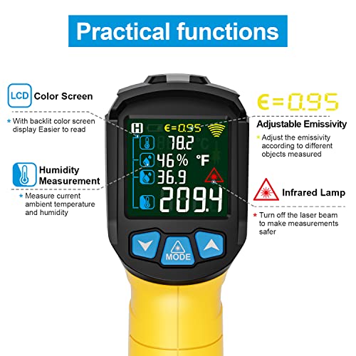 Infrared Thermometer Temperature Gun, -58°F to 1472°F, Digital Laser Thermometer Gun with Probe for Cooking, Pizza Oven, Grill & Engine, IR Thermometer Temp Gun with Adjustable Emissivity & Humidity - color: Yellow -58℉~1472℉(-50℃~800℃)