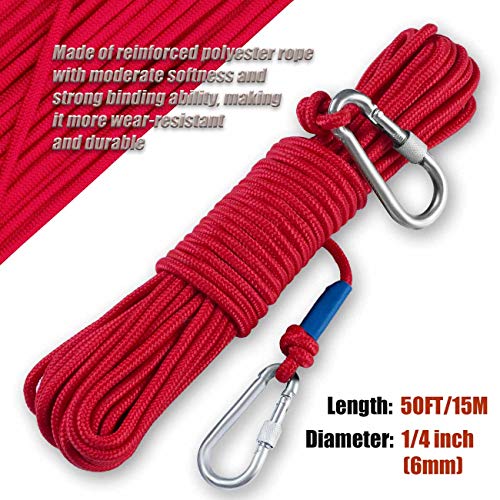Grapple Hook with Rope-Includes Nylon Rope 6/8/10mm 50FT,Functional Grappling Hook and Double Carabiner,for Magnet Fishing/Drag/Tree Limb Removal - style: Middle+1/4″rope-red