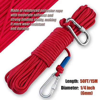 Grapple Hook with Rope-Includes Nylon Rope 6/8/10mm 50FT,Functional Grappling Hook and Double Carabiner,for Magnet Fishing/Drag/Tree Limb Removal - style: Middle+1/4″rope-red