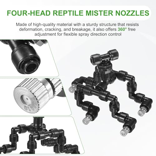 M METERXITY Reptile Mister Nozzles, 0.8mm Pore Copper 1/4" Four-Head Reptile Misting Spray Nozzle with Plug for Terrarium/Vivarium, 360 Degree Adjustable Detachable Nozzles [Black]