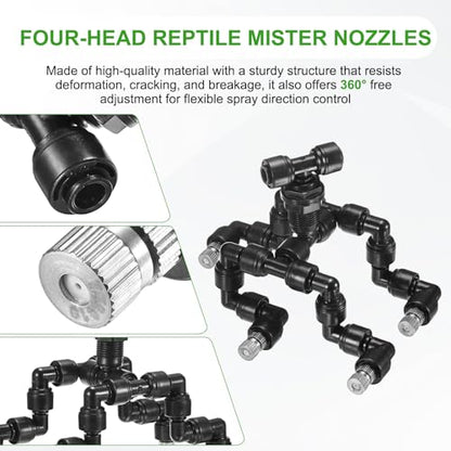 M METERXITY Reptile Mister Nozzles, 0.8mm Pore Copper 1/4" Four-Head Reptile Misting Spray Nozzle with Plug for Terrarium/Vivarium, 360 Degree Adjustable Detachable Nozzles [Black]